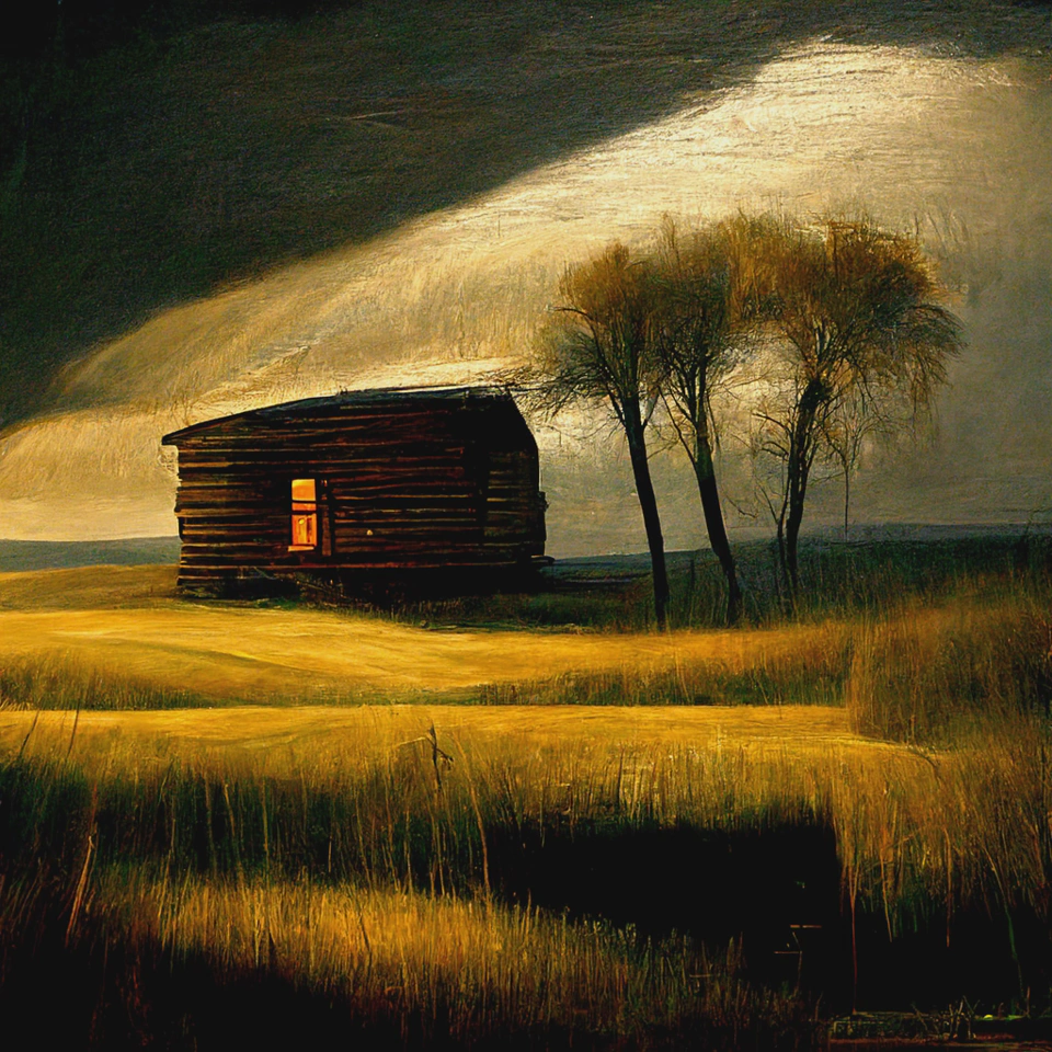 Cabin surrounded by golden prairies.