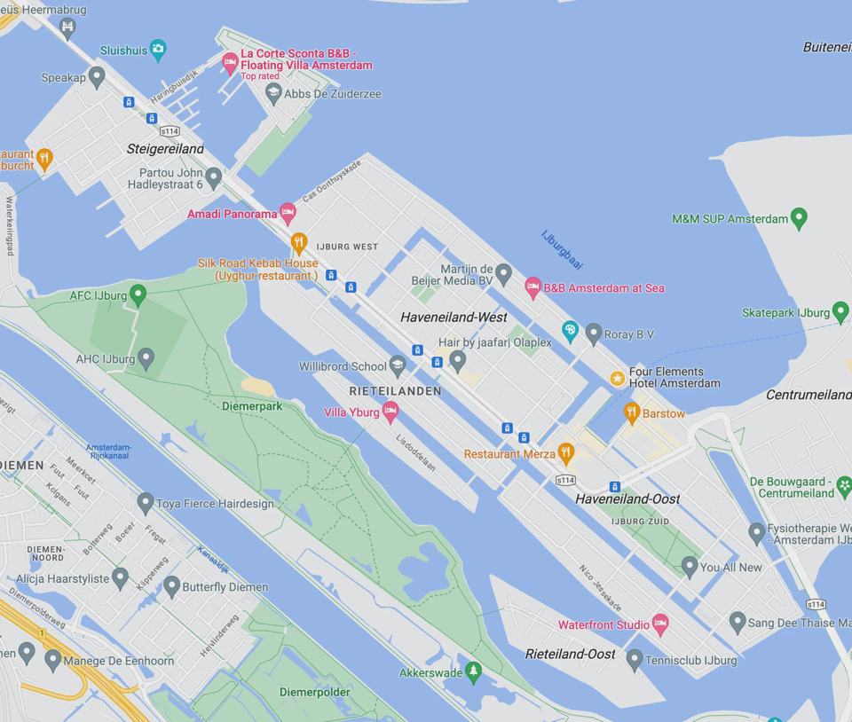 The seven artificial islands of Ijburg on Google Maps.